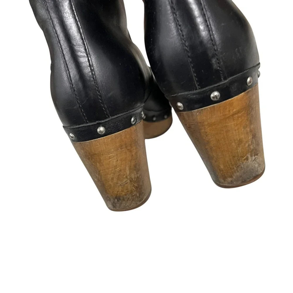 UGG Lynnea 1958 Shearling Clog Boots –‎ Black Leather Wood Heel Size 7